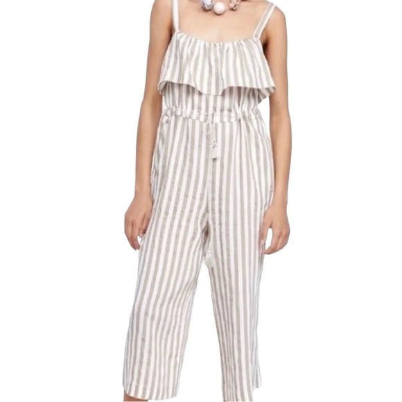 Zara Pants - Zara Tan & White Striped Ruffled Jumpsuit with Side Pockets and Tie Waist XS
